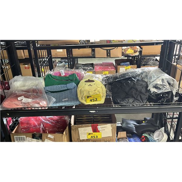 SHELF OF ASSORTED ITEMS INCLUDING; HANDBAGS, SILICONE HATS & BRACKETS