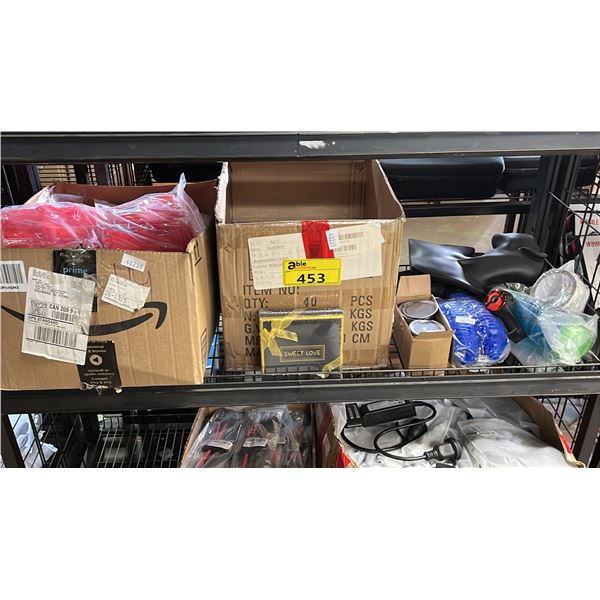 SHELF OF ASSORTED ITEMS INCLUDING; STRING TRIMMER BLADES, MOTHER'S DAY DISHES, JAR SEALS & MORE