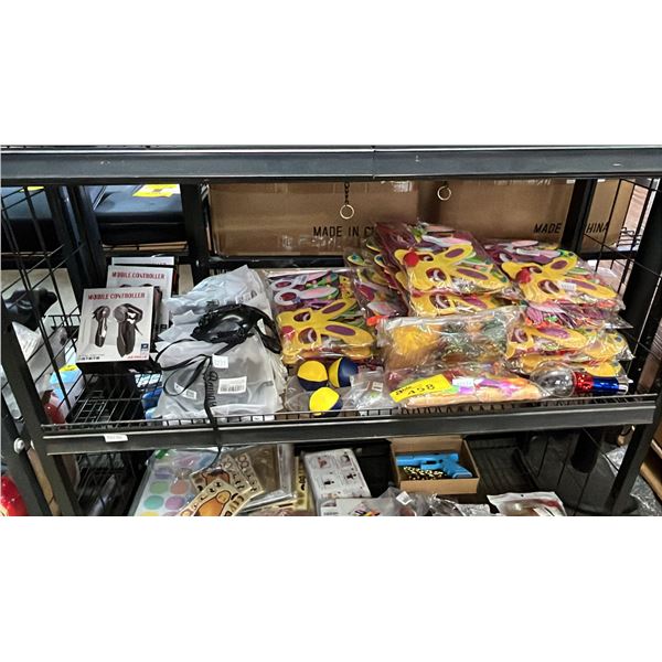 SHELF OF ASSORTED ITEMS INCLUDING; SIX FINGER TABLET HANDLES, MASQUERADE MASKS, EASTER MASKS & MORE