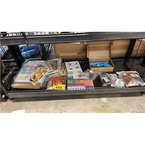 SHELF OF ASSORTED ITEMS INCLUDING; STICKERS, BEADS, KEYCHAINS & MORE