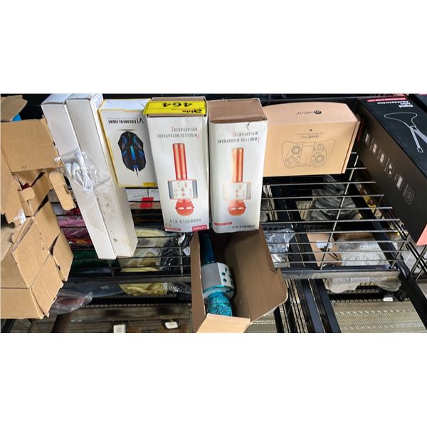 ASSORTED ITEMS INCLUDING; KARAOKE MICROPHONES, GAME PAD, GAMING MOUSE & MORE