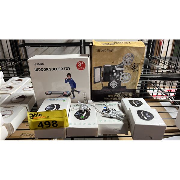 ASSORTED ITEMS INCLUDING; SMART BRACELETS, INDOOR SOCCER TOY, THE PROJECTOR MUSIC BOX & MORE