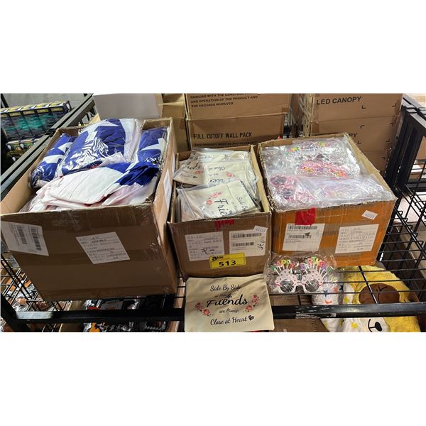 SHELF OF ASSORTED ITEMS INCLUDING; HAPPY BIRTHDAY GLASSES, AMERICAN FLAG WINDOW DECOR & PENCIL BAGS