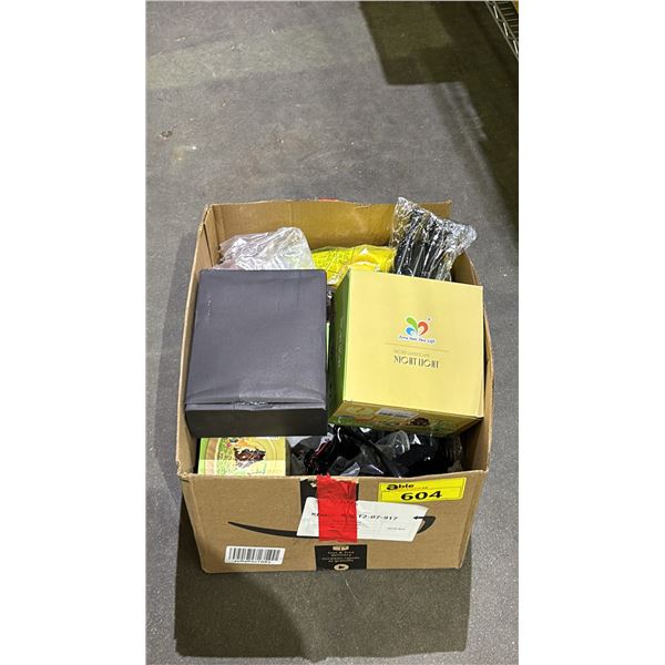 CASE OF ASSORTED ITEMS INCLUDING; MICRO LANDSCAPE NIGHT LIGHTS, CANDLE HOLDERS, LIGHT UP COSTUME
