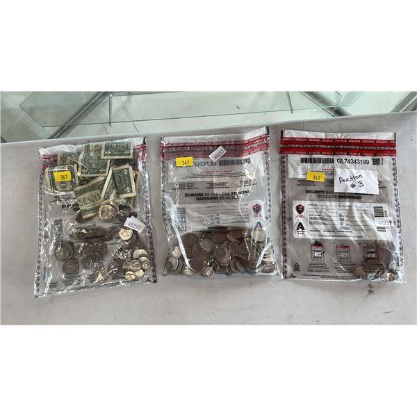 (3) BAGS OF ASSORTED COINS & US BILLS