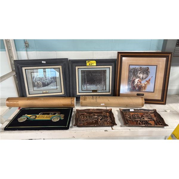 SHELF OF ASSORTED PRINTS, COPPERCRAFT ART & STRING ART: INCLUDES (2) ROBERT BATEMAN PRINTS