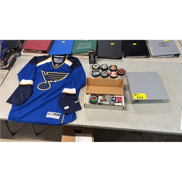 ST. LOUIS BLUES HOCKEY JERSEY, ASSTD, HOCKY PUCKS, MINI STANLEY CUP & ASSTD, HOCKEY & BASEBALL CARDS