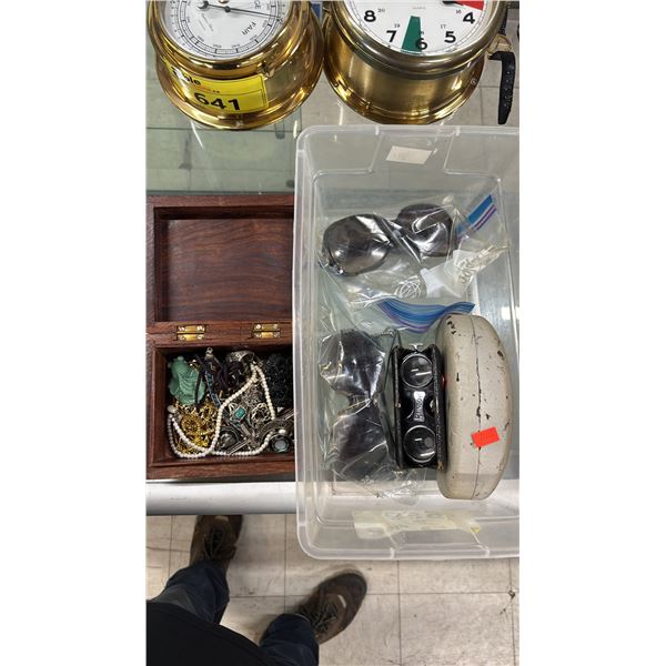 WOOD JEWELRY BOX & CONTENTS, 3 PAIRS OF SUNGLASSES & VINTAGE BINOCULARS