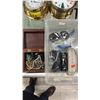Image 1 : WOOD JEWELRY BOX & CONTENTS, 3 PAIRS OF SUNGLASSES & VINTAGE BINOCULARS