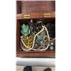 Image 2 : WOOD JEWELRY BOX & CONTENTS, 3 PAIRS OF SUNGLASSES & VINTAGE BINOCULARS