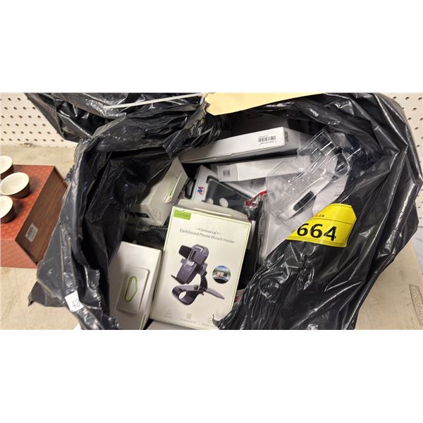 BAG OF CAR CELL PHONE MOUNTS, CELL PHONE CASE, UNIVERSAL TRAVEL PLUG ADAPTERS & MORE