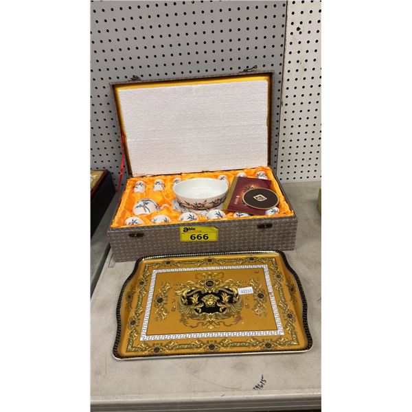FAMILLE ROSE STYLE CHINESE PORCELAIN TEA SET & DAXITAR PORCELAIN TRAY