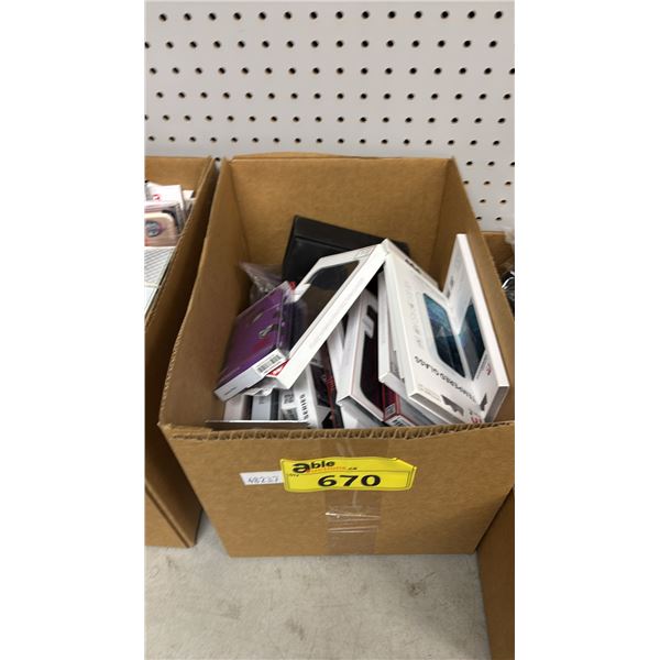 BOX OF CELL PHONE SCREEN PROTECTORS& ASSORTED CELL PHONE CASES
