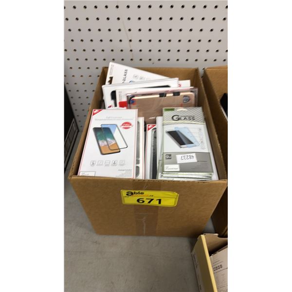 BOX OF CELL PHONE SCREEN PROTECTORS& ASSORTED CELL PHONE CASES
