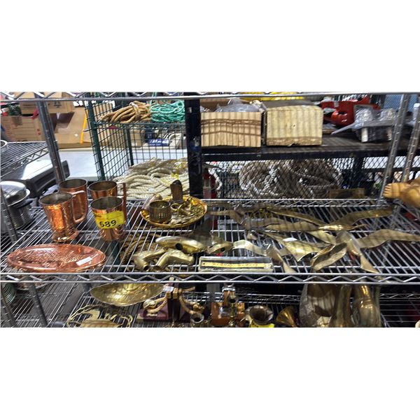 SHELF OF BRASS WALL DECO, COPPER CUPS & MORE