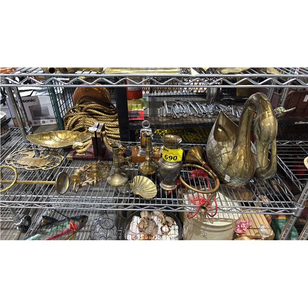 SHEL FO ASSORTED BRASS & METAL DECOR: LARGE SWAN, TRUMPET, VASE, CANDLE HOLDERS & MORE