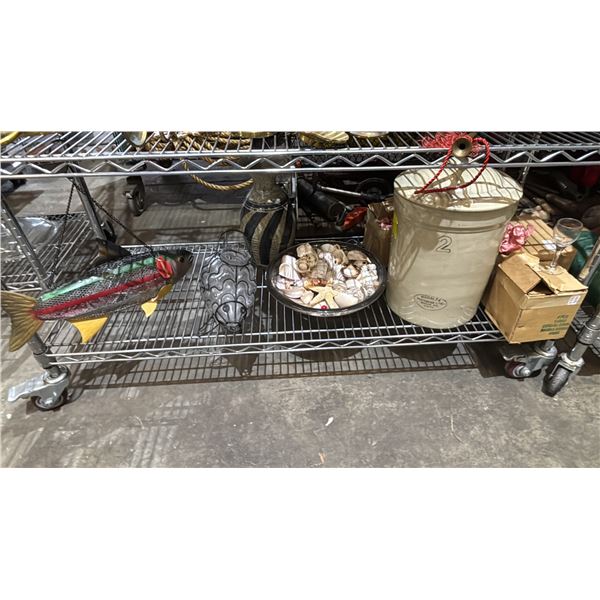 DECORATIVE METAL & GLASS FISH, BOWL OF ASSORTED SEASHELLS, MEDALTA 2 GALLON CROCK & MORE