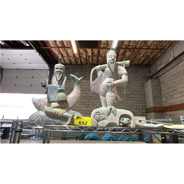 SHELF OF PAINTED WOOD FISHERMAN STATUES