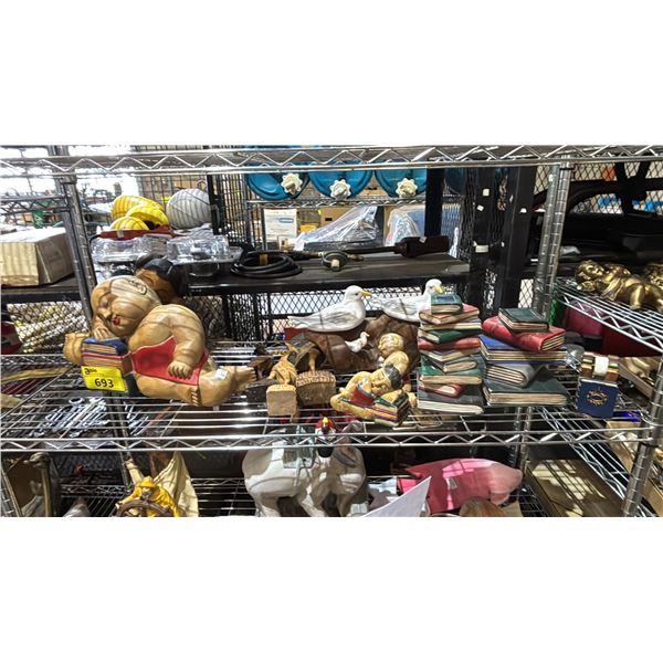 SHELF OF ASSORTED WOOD BOOKENDS, HERON CARVING, CERAMIC SEAGULLS & MORE