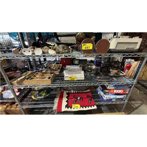 SHELF OF ASSORTEF FLATWARE & SILVER PLATED, TRAYS, BUTTER DISH & MORE