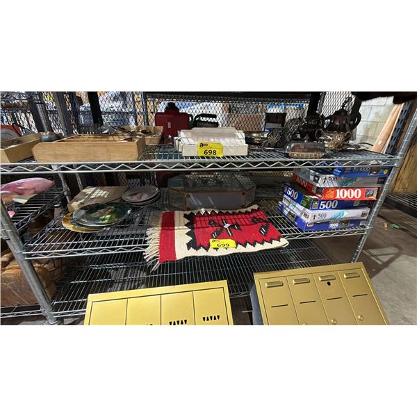 SHELF OF ASSORTED PUZZLES, COLLECTOR PLATES, TABLE RUNNER & MORE