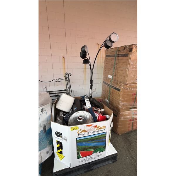 PALLET OF HOUSEHOLD GOODS INCLUDING: FLOOR LAMP, HEATERS, AIR FRYER, COLEMAN CAMP STOVE & MORE