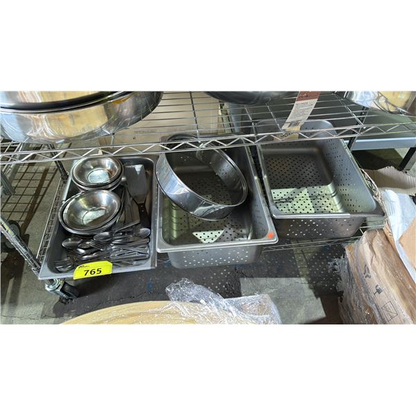SHELF OF ASSORTED FLATWARE, COOKWARE & MORE