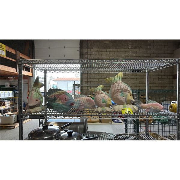 SHELF OF GLAZED PAINTED WOOD FISH