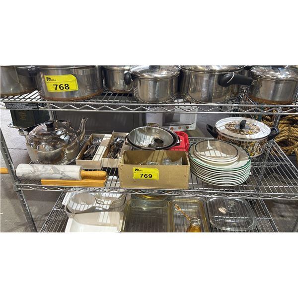 SHELF OF ASSORTED DISHES, ENAMEL POT,  KETTLE, MARBLE ROLLING PIN, MEAT GRINDER & FLATWARE