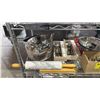 Image 2 : SHELF OF ASSORTED DISHES, ENAMEL POT,  KETTLE, MARBLE ROLLING PIN, MEAT GRINDER & FLATWARE