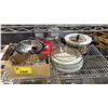 Image 3 : SHELF OF ASSORTED DISHES, ENAMEL POT,  KETTLE, MARBLE ROLLING PIN, MEAT GRINDER & FLATWARE