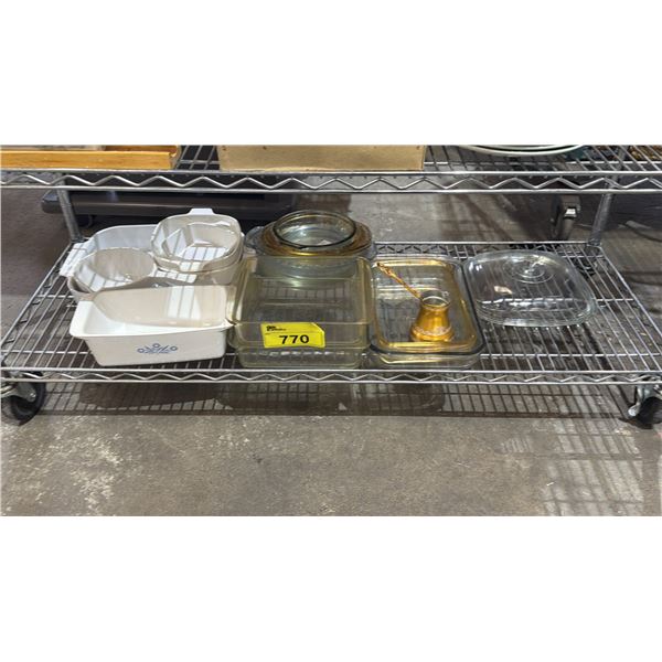 SHELF OF GLASS CASSEROLE DISHES, TURKISH COFFEEPOT, & MORE