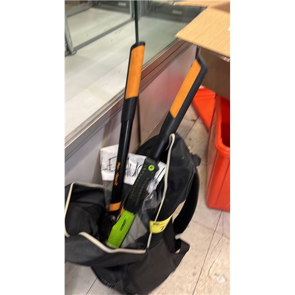 BAG WITH LIMB LOPPER, AXE, WALLETS, NIKON FILM CAMERA & MORE