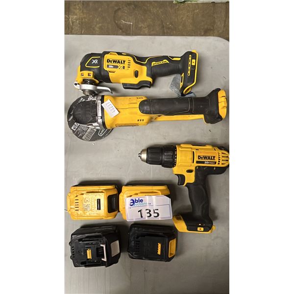 DEWALT CORDLESS DRILL, (2) DEWALT CORDLESS ANGLE GRINDERS  & (4) ASSTD BATTERIES