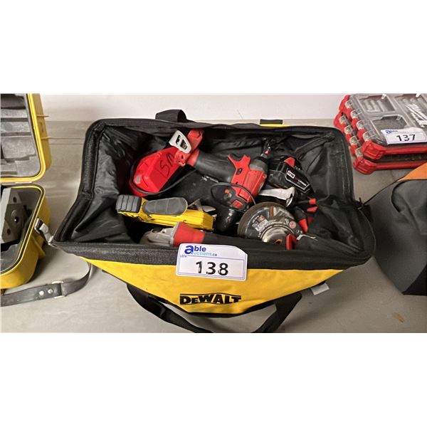 DEWALT TOOL BAG W/ASSTD TOOLS: MILWAUKEE ANGLE GRINDER, DEWALT MULTI TACKER, BATTERIES & MORE