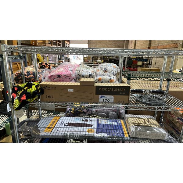 PROGRESSIVE DESK CABLE TRAY, PAIR OF "THE GRINCH" SIZE L PAJAMA PANTS, 5LB WEIGHT PLATE & MORE