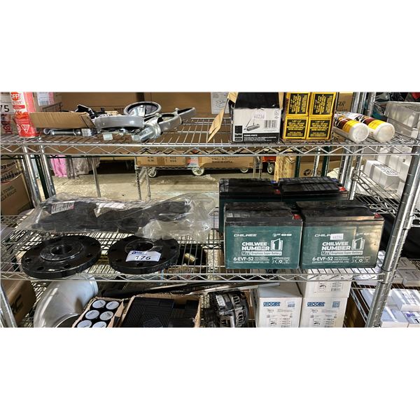 (4) CHILLWEE  MAX GRAPHENE SUPER BATTERIES, (2) PIPE FLANGES & EAGLE AUTOMOTIVE BUMPER PARTS