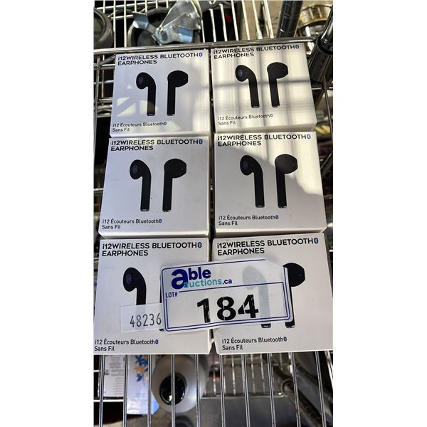 *NEW IN BOX*  (6) I12 WIRELESS BLUETOOTH EARPHONES - BLACK