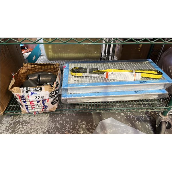 BOX OF SOCKET WELD COUPLINGS, (2) 24" X 10" VENTS & SUPER SLING