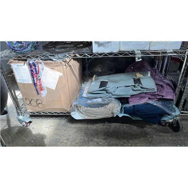 SHELF OF ASSORTED CLOTHING & FOLDING STORAGE BOXES