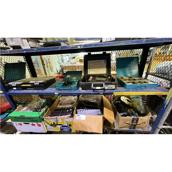 SHELF OF ASSORTED TOOLS: MAKITA CORDLESS DRILL, GP ELECTRIC IGNITION TESTER, ASSTD SCREWS & MORE