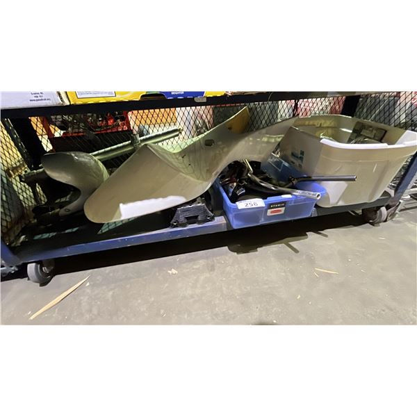 SHELF OF ASSORTED ELECTRICAL PARTS & ASSORTED MOTORCYCLE PARTS