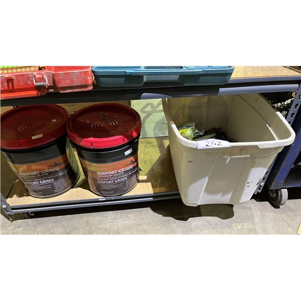 (2) 17L BUCKETS OF DRIVEWAY SEALANT & TOTE OF SPROCKETS & ASSORTED ELECTRICAL PARTS