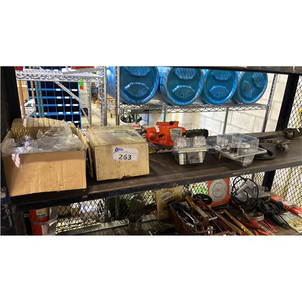 SHELF OF GRIP-RITE FASTENERS, ELECTRIC HAND-HELD SPRAYER, BATHROOM FAUCETS & REMINGTON LIMB TRIMMER