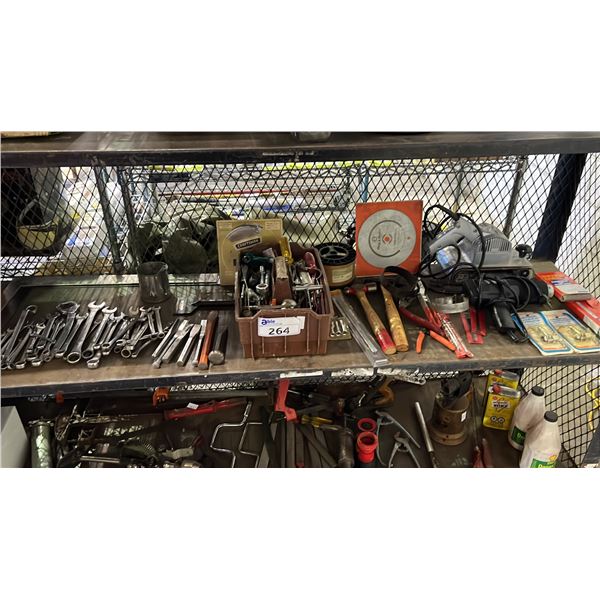 SHELF OF ASSTD RATCHET WRENCHES, CHISELS, HAMMERS, SHOPMATE SANDER, CLASS A FIRE EXTINGUISHER & MORE