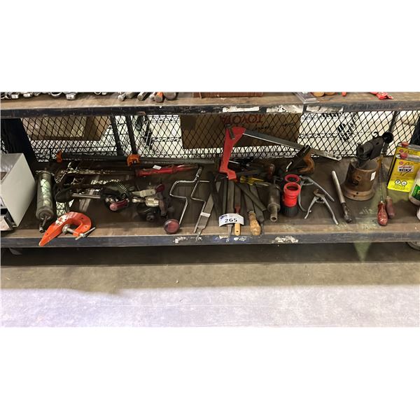 SHELF OF ASSTD METAL FILES, MANUAL DRILLS, VINTAGE COLEMAN LAMP/STOVE, INGLIS LAUNDRY COIN BOX & MOR