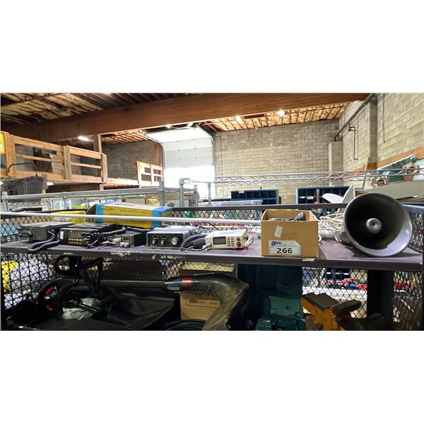 SHELF OF ASSTD CB RADIOS, ATLAS LOUD SPEAKER, CB RADIO MICROPHONES & MORE