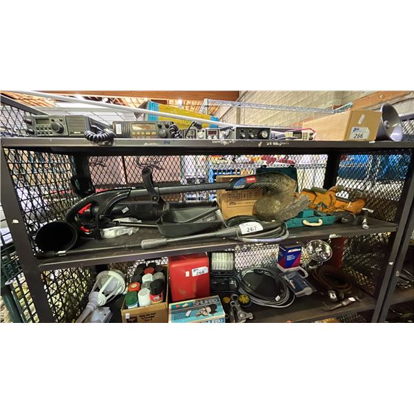 SHELF OF ASSTD TOOLS: TORO ELECTRIC TRIMMER, PRESSURE WASHER WAND, MAKITA CORDLESS DRILL & MORE