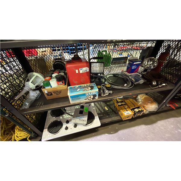 SHELF OF ASSTD SPRAY PAINT, WATER PUMP, WORK LIGHTS, SPARK PLUG WIRE SET & MORE