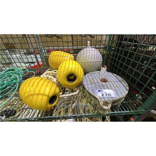 VINTAGE HEAVY DUTY MARITIME PULLEY BLOCK, ROPE FLOATS WITH ROPE & VINTAGE METAL FLOAT BUOY